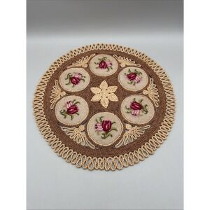Vintage Rattan Wicker Round Table Placemat Centerpiece Needlepoint Floral 18"